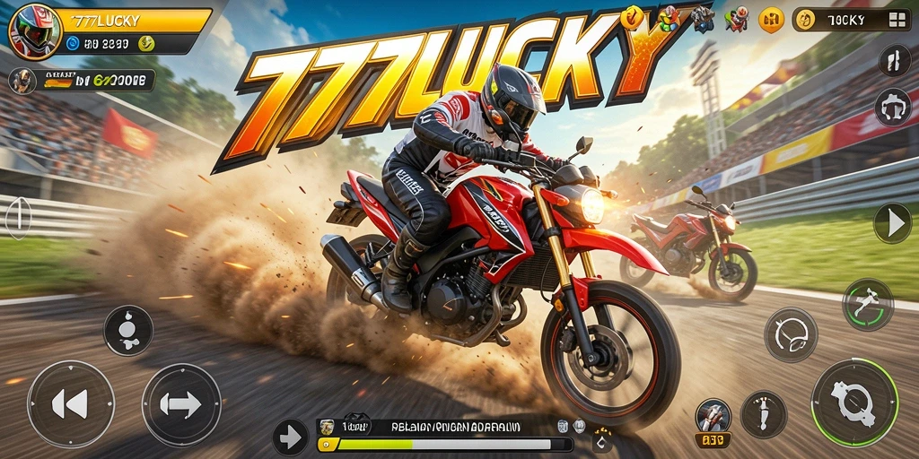 Screenshot gameplay <strong>777LUCKY</strong> menampilkan aksi balapan motor yang seru.