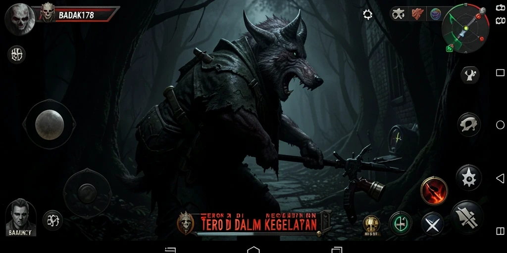 Screenshot menunjukkan gameplay intens penuh dengan atmosfer horor.