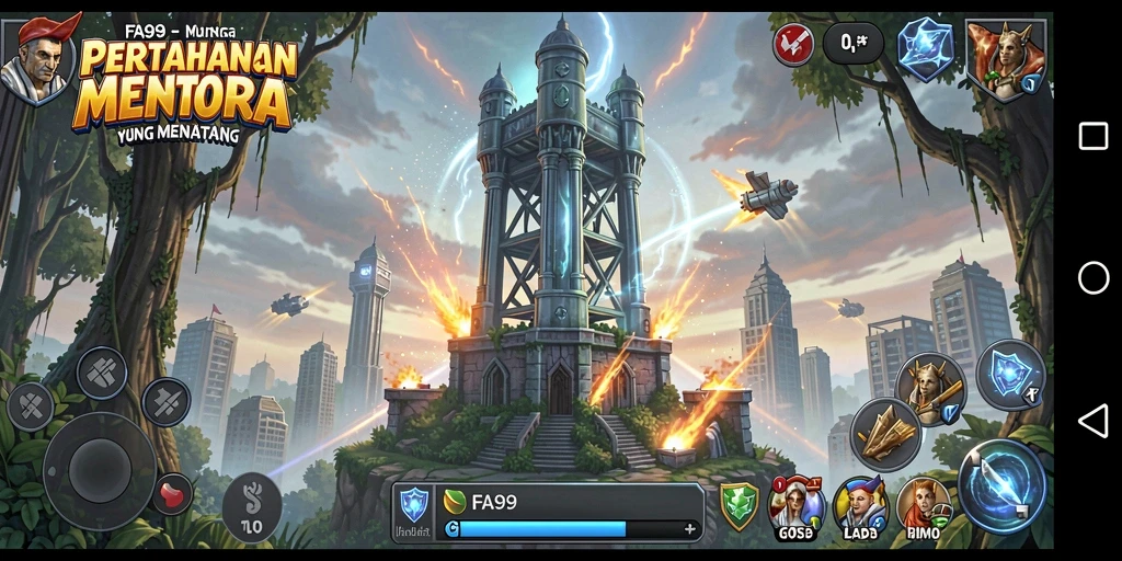 Tangkapan layar gameplay FA99 dengan menara pertahanan dan musuh yang menyerang.