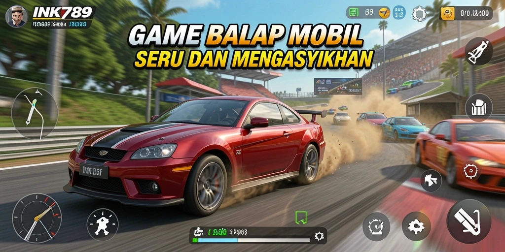 Screenshot gameplay INK789 menampilkan mobil balap di trek menantang.
