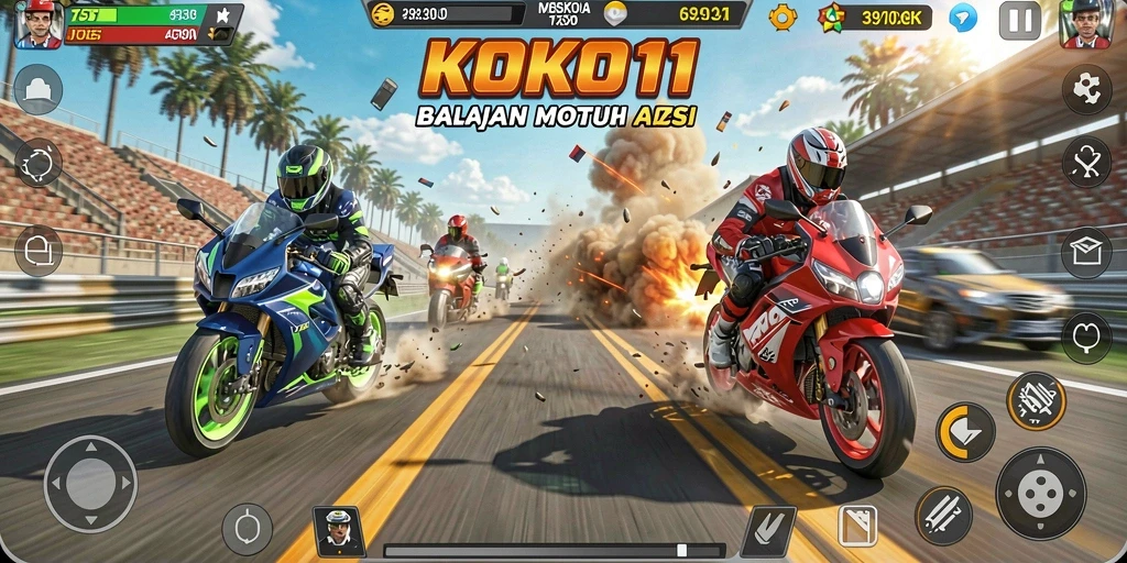 Screenshot utama KOKO11 menampilkan balapan motor yang intens dan mendebarkan.