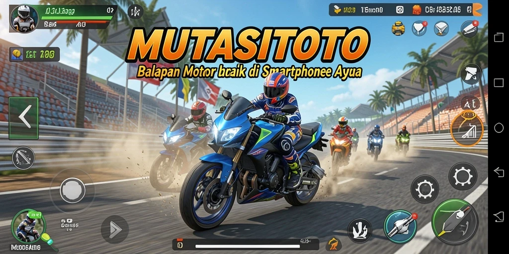 Screenshot utama yang menunjukkan aksi balapan motor yang menegangkan.