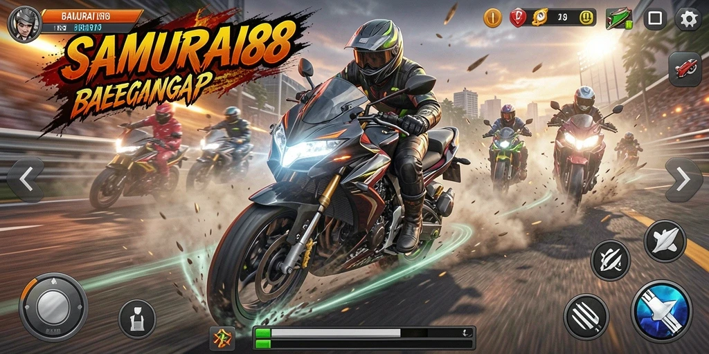 Screenshot gameplay SAMURAI88 menampilkan aksi balapan motor yang seru.