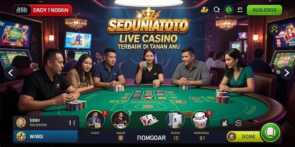 Screenshot gameplay SEDUNIATOTO yang menampilkan dealer langsung dan suasana kasino yang mendebarkan.