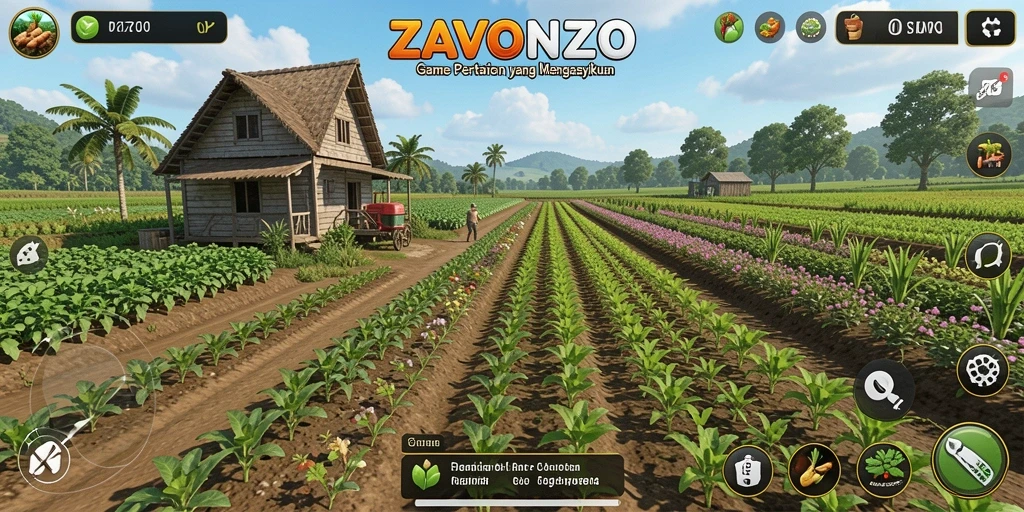 Tampilan gameplay ZAVONZO dengan fitur pertanian yang menarik.